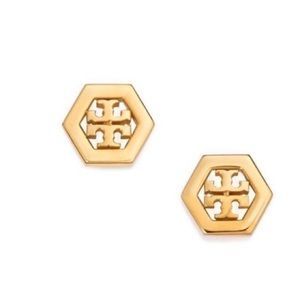 Tory Burch Hex Logo Stud Earrings 16k Gold Plated